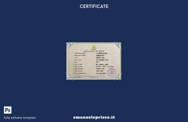 modello PSD del certificato di morte dei documenti di stato civile della Cambogi